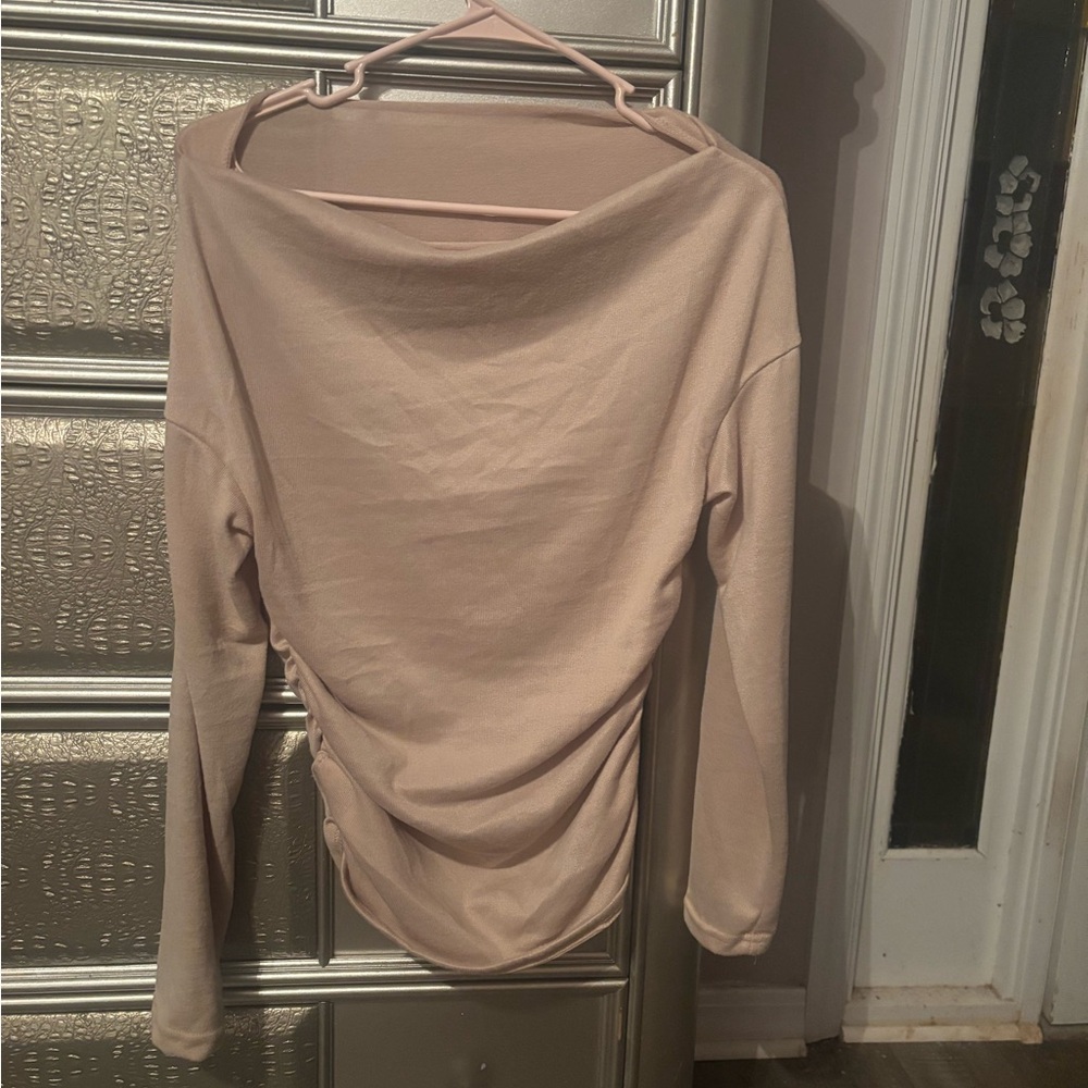 SHEIN Tan Ruched Blouse with Off Shoulder Neckline